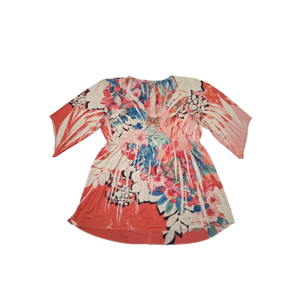 Oneworld Live and Let Live Floral Butterfly Rhinestone Tunic Top Coral XL
